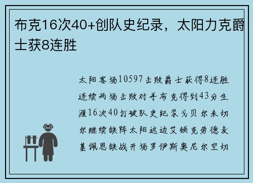 布克16次40+创队史纪录，太阳力克爵士获8连胜